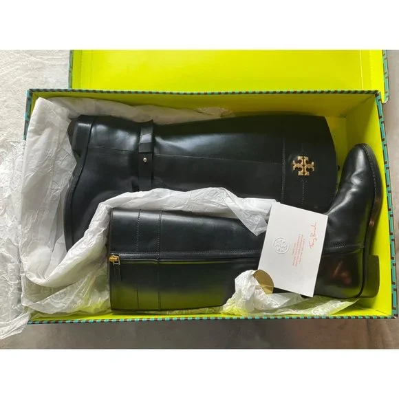 Tory Burch Everly Black Logo Knee High Leather Riding Boots size 7M - Picture 16 of 16